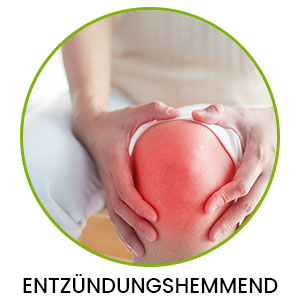 Ein entzündetes Knie in einem Kreis und Aufschrift 'Entzündungshemmend' Ein entzündetes Knie in einem Kreis und Aufschrift 'Entzündungshemmend'
