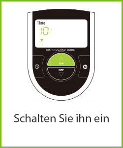 Zeichnung des kleinen schwarz-grünen Bedienpads des Bauchmuskelgürtel mit ” Schalten Sie ihn ein” Beschriftung