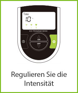 Zeichnung des kleinen schwarz-grünen Bedienpads des Bauchmuskelgürtel mit ”Regulieren Sie die Intensität” Beschriftung