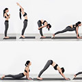 Zeichnung einer Frau, die die verschiedenen Yoga Positionen des Sonnengrußes vorzeigt